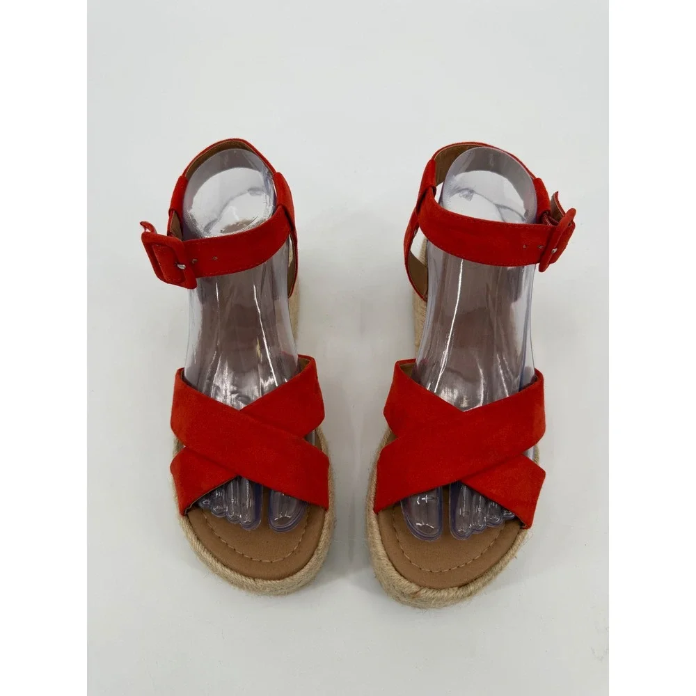 Red Espadrille Platform Sandals Ankle Strap Crisscross Faux Suede Size 7